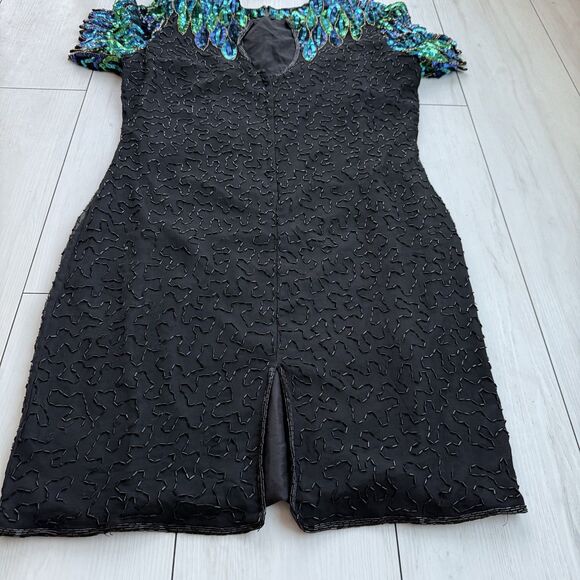 Stenay Vintage Dress 16 Sequins Silk Short Sleeve Beaded Peacock Design Cocktail - Picture 14 of 16